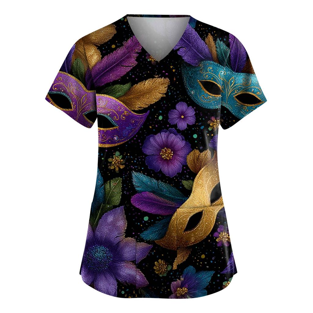 Women's Fashion V-Neck Short-Sleeved Workwear With Pockets Carnival Print Top Caregiver Uniform