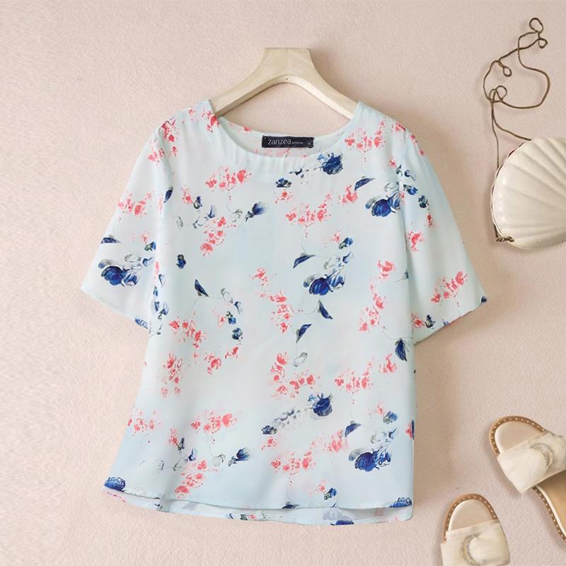 ZANZEA Women Casual Round Neck Half Sleeve Summer Floral Blouse