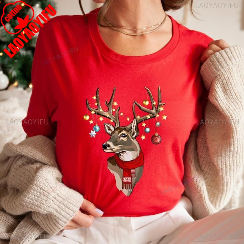 Рождественский Орнамент Унисекс Рубашка с Оленем Рога Рождественская Футболка с Оленем Рождественская Футболка Охотничий Сезон Футболка Женская Мода Повседневная Хлопковые Топы S