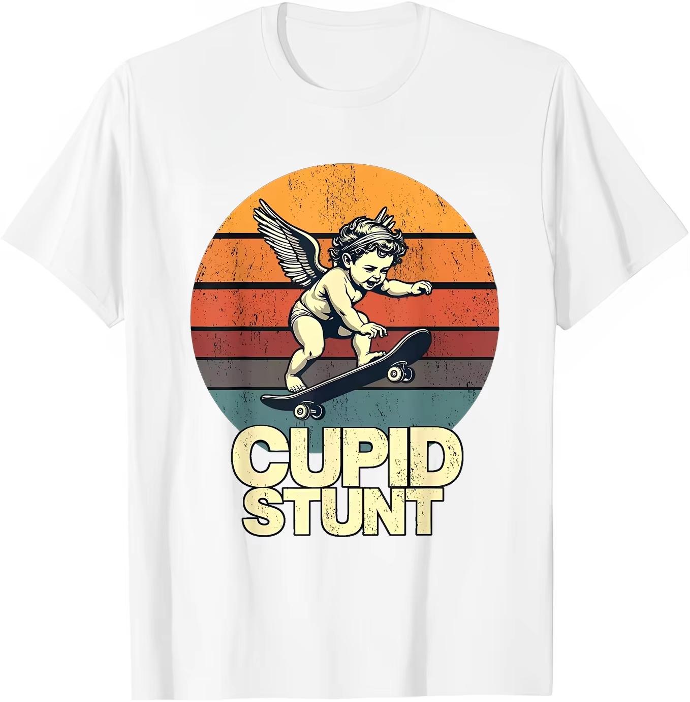 Cupid Stunt Skateboard TShirt Sunset Angel Skater Graphic Tee Funny Casual Streetwear Short Sleeve s Style Cotton Tops S