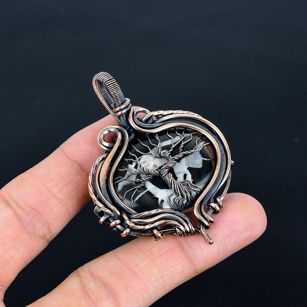 Mud Crack Fossil Pendant, 999 Copper Wire Wrapped Gemstone Jewelry, Handmade Tree Of Life Pendant, For Thanksgiving