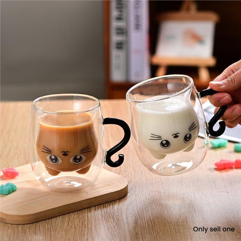 ABJJ Glass Cup Double Wall 250Ml Cute Cat Design Home Coffee Mug With Handle For Hot And Cold Milk Tea Juice Transparent Drinkwa