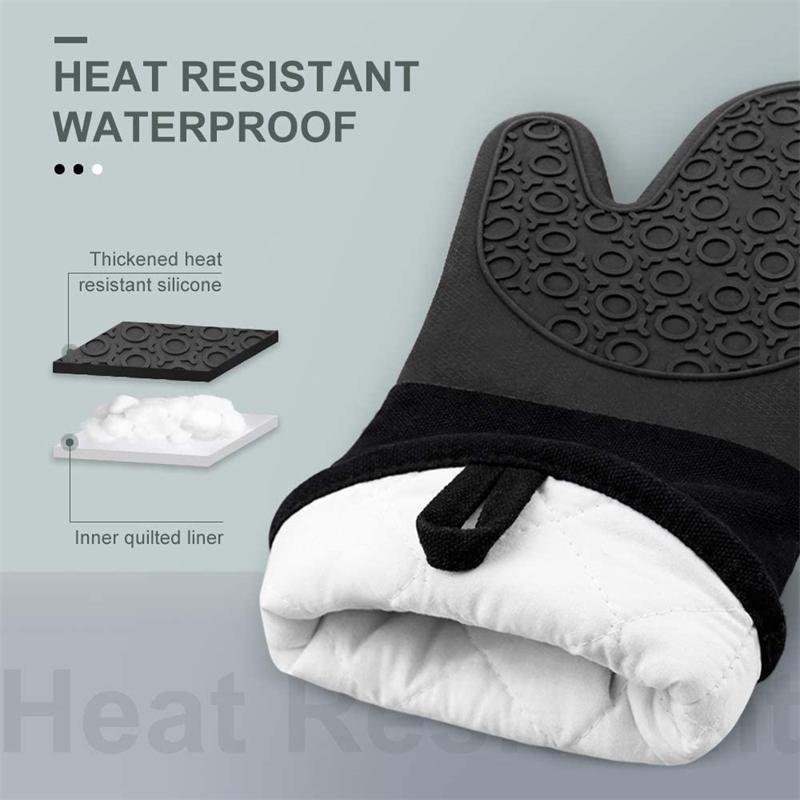 Heat Resistant Silicone Oven Mitts Non-Slip Microwave Oven Gloves Cotton Lining Waterproof Kitchen Cooking Baking Barbecue Glove