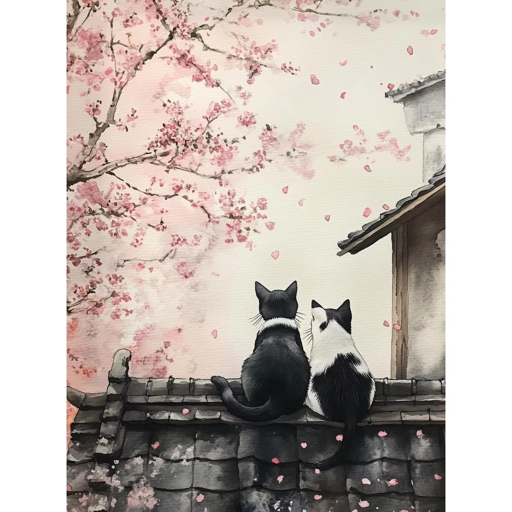 Canvas  Japanese Black Cat Bathing Moon Lucky Cartoon Illustration Retro Poster Wall Art Pictures Home Decor Wall Decor