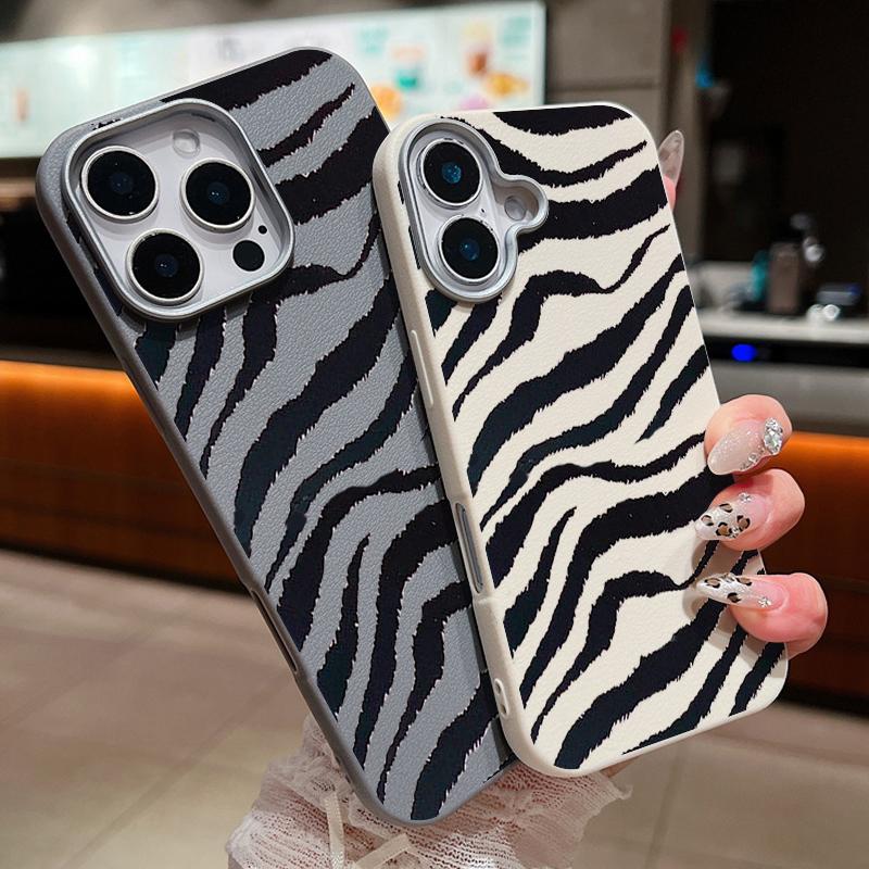 Zebra-Print Shockproof Soft Case For iPhone 16 Pro Max 15 Pro 14 Plus 13 12 11 Lens Protection Matte Leather Texture TPU Slim Phone Cover