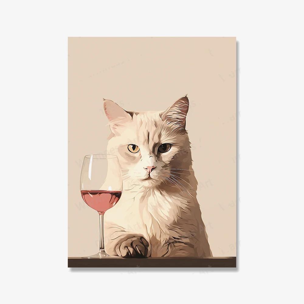 Persian Cat Drinking Moody Wine Canvas Painting Posters Funny