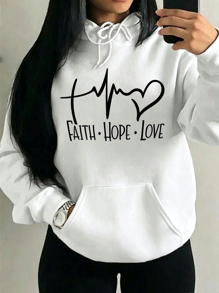 Women Faith Hope Love Heartbeat Graphic Warm Hoodie Casual Long Sleeve Pullover Hooded Sweatshirt Men Tops Couple Streetwear