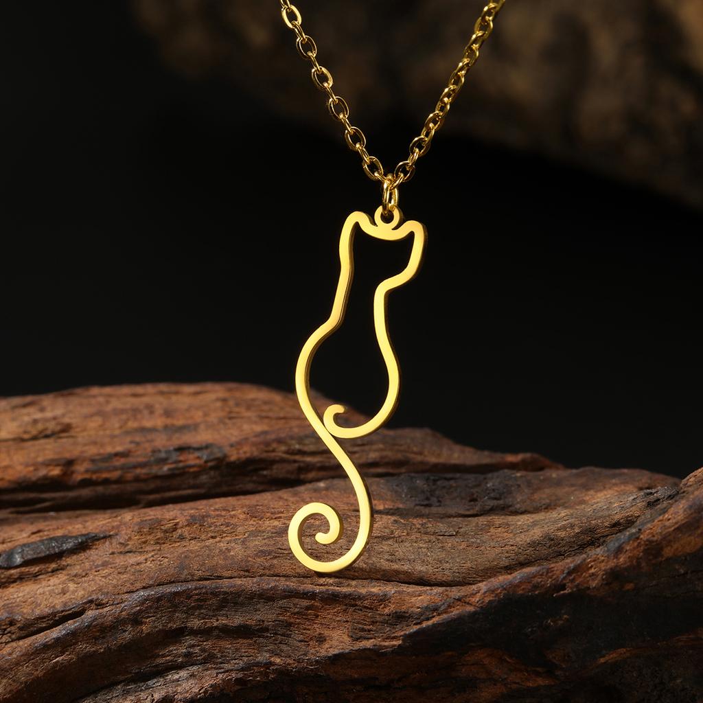 Lemegeton Long Tail Cute Cat Charm Pendant Necklace for Women Girls Animal Kitten Stainless Steel Necklace Jewelry Gift