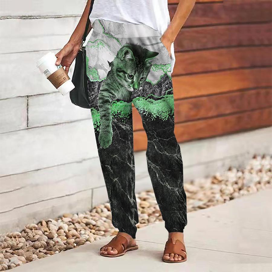 Women Cat Printing Pants Lace Up Elastic Waist Loose  Trousers Casual Long Pants Trousers with Pockets