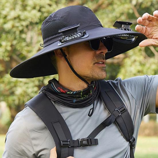 Outdoor Hat with Dual Power Supply Wide Brim Sun Hat with Built-in Solar Fan Fishing Hiking Gardening Hat