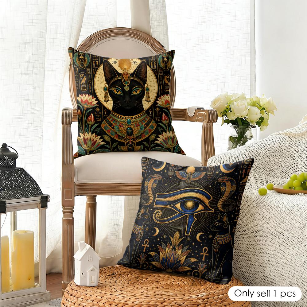 Design Ancient Egyptian Art Cushion Cover Durable Hypoallergenic Organic Linen Pillow Cover Short Size Washable Skin-Friendly