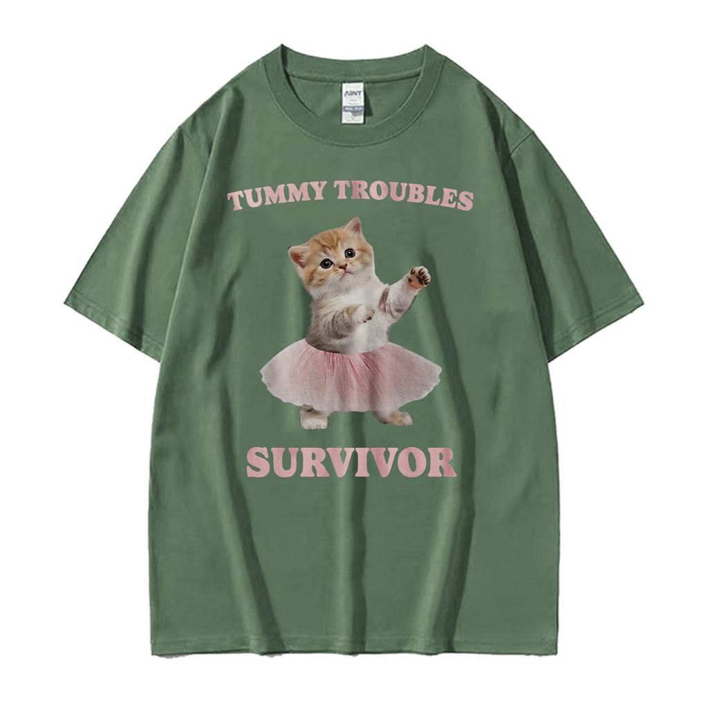 Tummy Troubles Survivor Funny Cat Meme Graphic T Shirt Unisex Unisex Fashion Humor Kawaii Tshirts Cotton Loose High Quality Tshirt