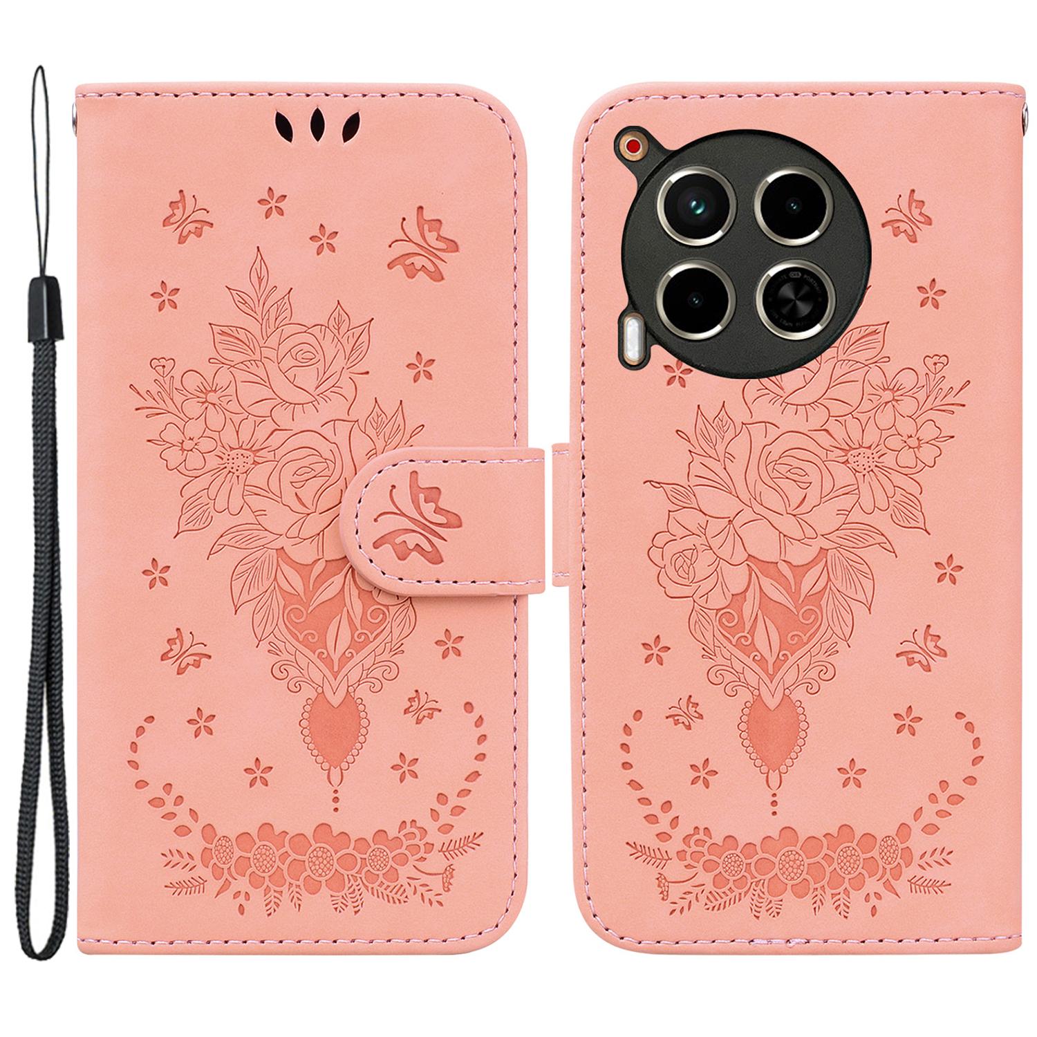 

For TECNO Camon 30 4G/30 5G Wallet Case Butterfly Rose Imprint Leather Stand Phone Cover Pink