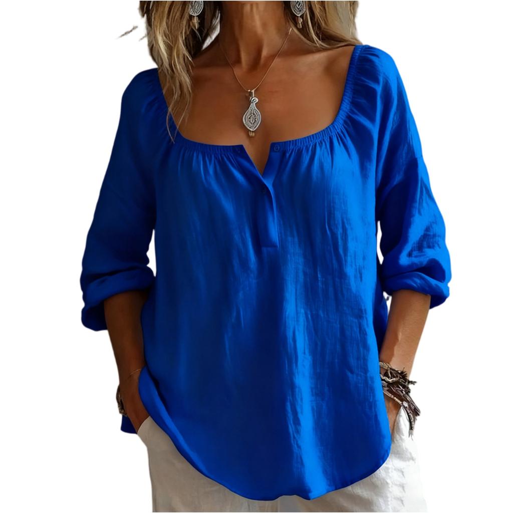 Moda Casual Suelta para Mujer, Ajuste Algodón, Lino Mezcla V, Cuello Manga Larga Jersey Camiseta Top