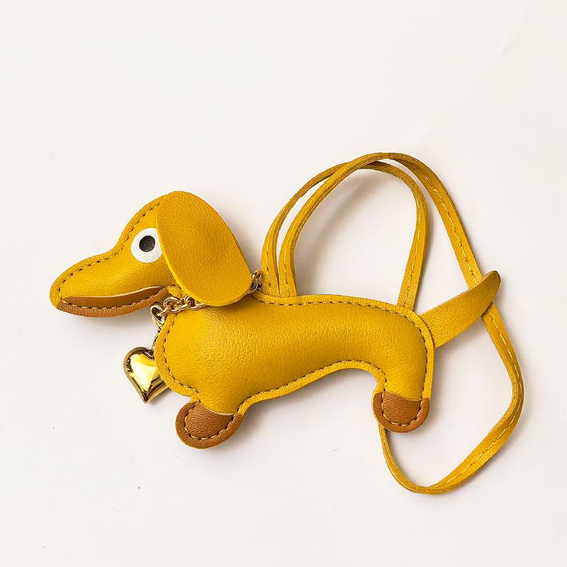 Pu Leather Stuffed Dachshund With Collar of Gold Heart Shape Pendent WIth Long Strap Puppy Pendent for Bag Charms Accessories