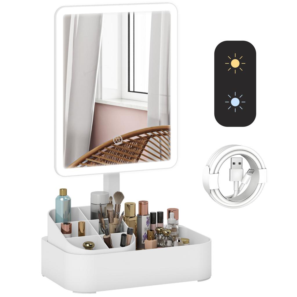 Makeup Mirror with Lights, Rechargeable Vanity Mirror w/ Touch Screen, 2 Lighting Modes and 180 degrees Rotation, White
