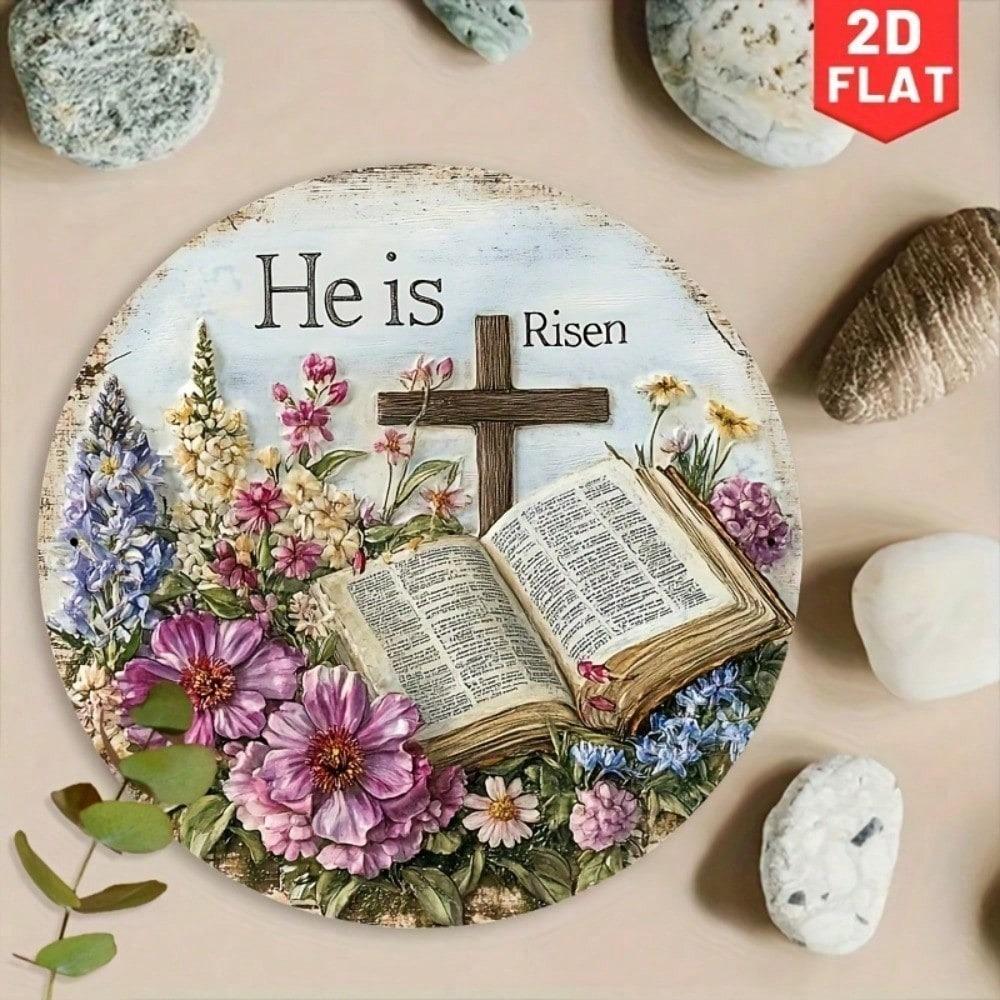 Easter Cross Metal Wall Art with Floral Wreath 8x8 Inch Decor