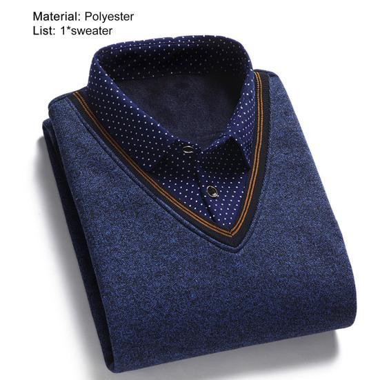 Men Sweater Fake Two-piece Grid Thicken Knitted Male Base Sweater for Daily Wear