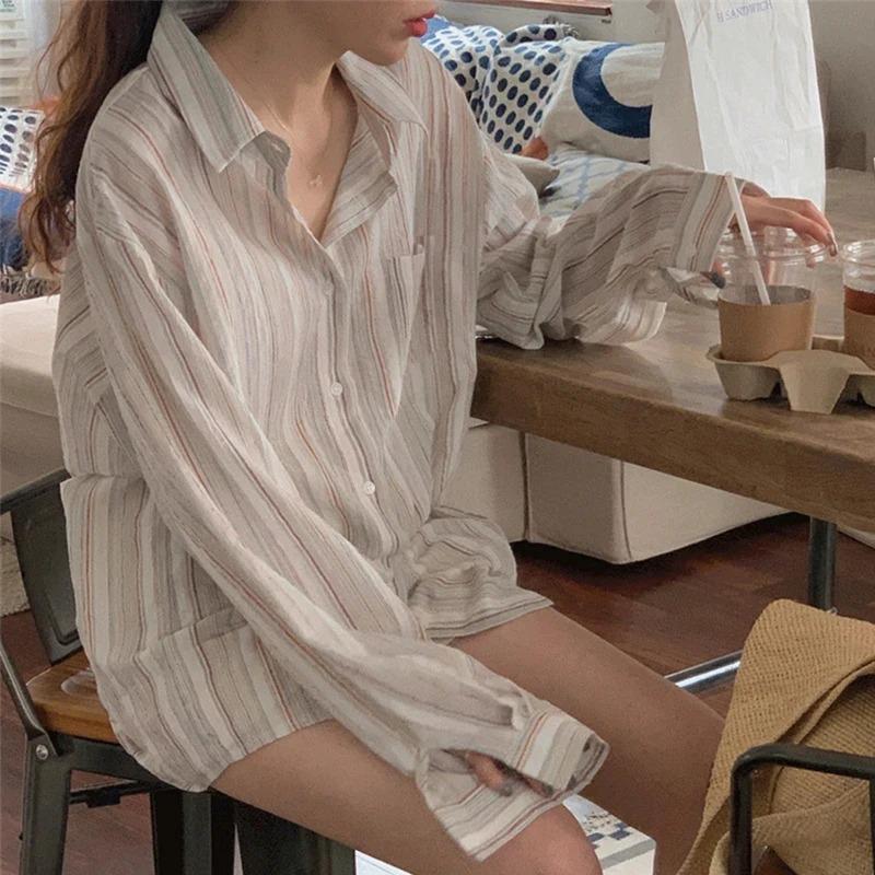 Vintage Gestreifte Hemden Damen Koreanische Mode Schlicht Langarm Umlegekragen Bluse Büro Dame Lässig Locker Dünne Oberteile