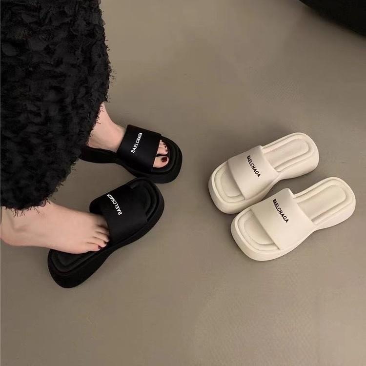 Slippers with Skirts, Summer Muffin Thick-bottomed One-word Drag, Women's Year Increases, Black Outer Wear Sandals, Korean Version Trend