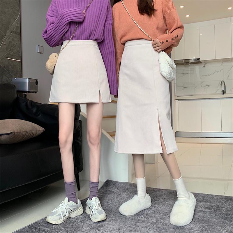 High-Waisted Corduroy A-Line Midi Skirt: Autumn/Winter 2021 Slimming, Solid Color, Hip-Hugging