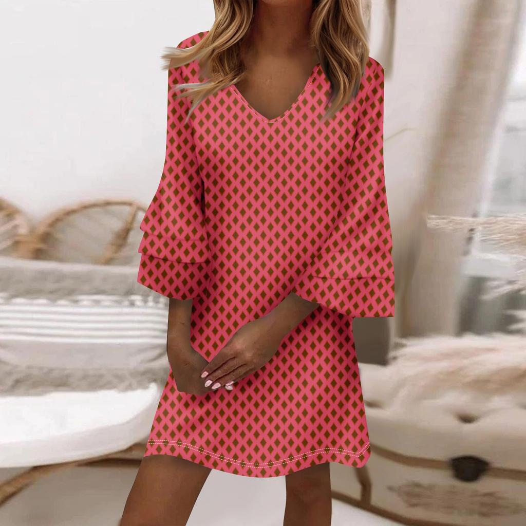 Women's Fashion Temperament Elegant Fresh Printed V-Neck 3/4 Sleeves Dress