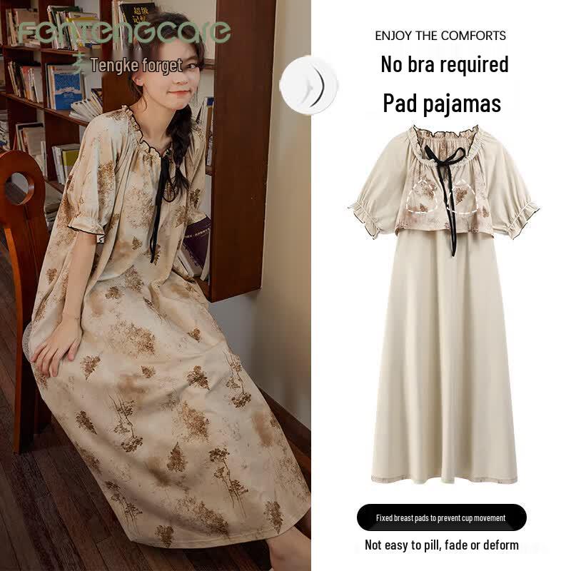 Fentengcare Women s Short Sleeve Mid-Length Sleep Dress with Chest Pads L