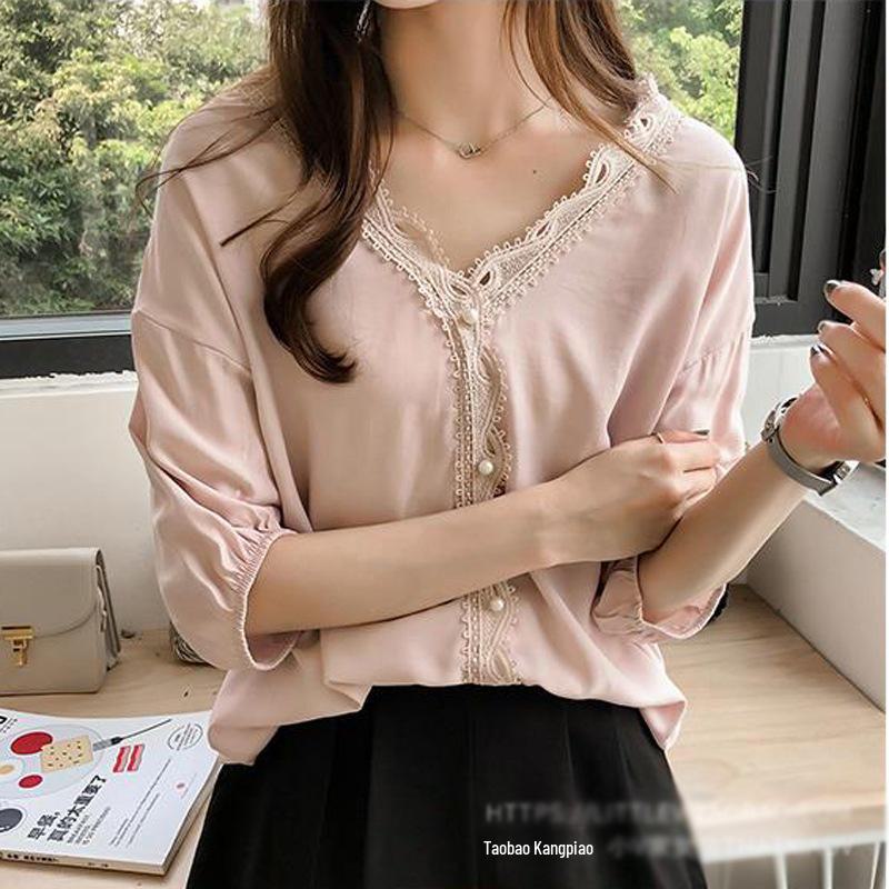 Top șifon cu dantelă și decolteu în V în stil coreean - Mânecă scurtă, croială lejeră pentru femei