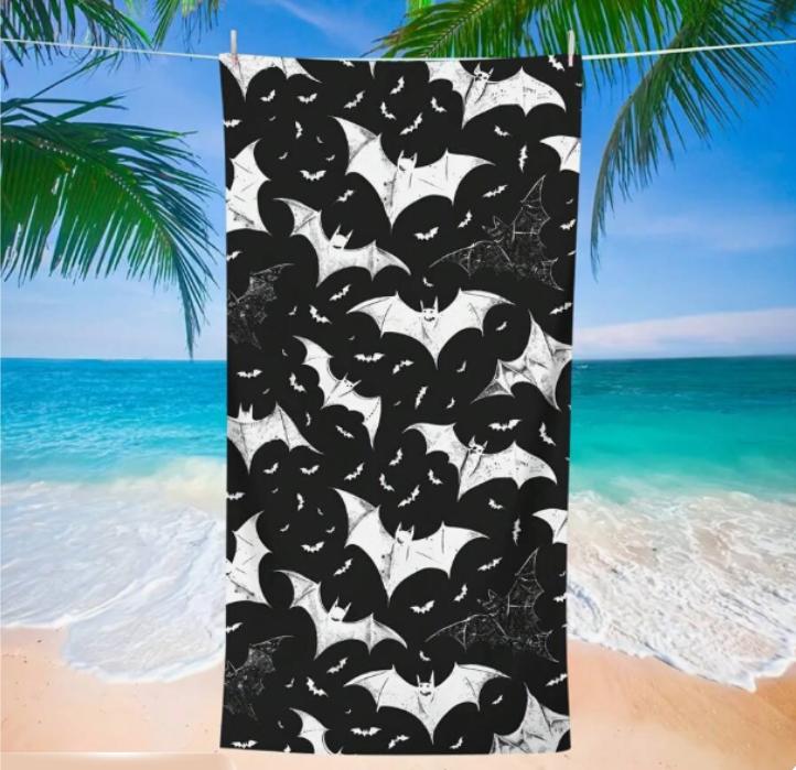 Black & White Bat Print Beach Towel, Microfiber Sand Free Quick Dry, Gothic Halloween Pattern, Soft Absorbent for Summer & Pool