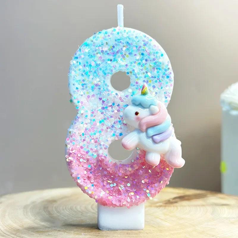 Unicorn Birthday Candles 0-9 Number Pink Blue Cake Candle Fashion Cartoon Anime Topper Party Cute Decoration Animal