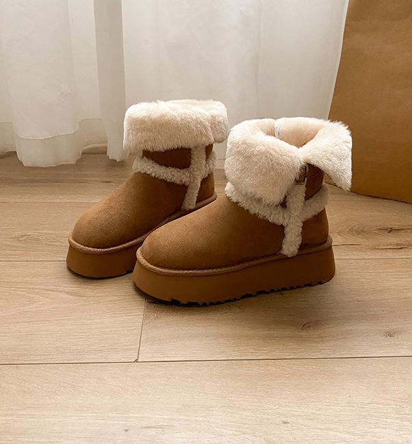 Fold two, wear thick-soled velvet long-tube snow boots, women's new winter non-slip thickened short-tube gray cotton shoes.