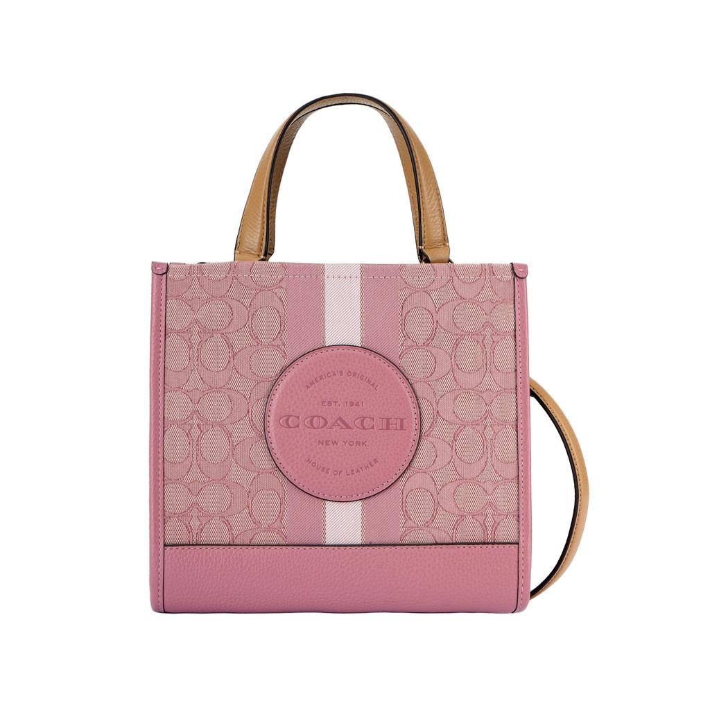 Coach Dempsey 22 Monogram Stripe Logo Accent Fabric And Leather Tote Bag Women tote Pink Latte CQ878-IMXCV