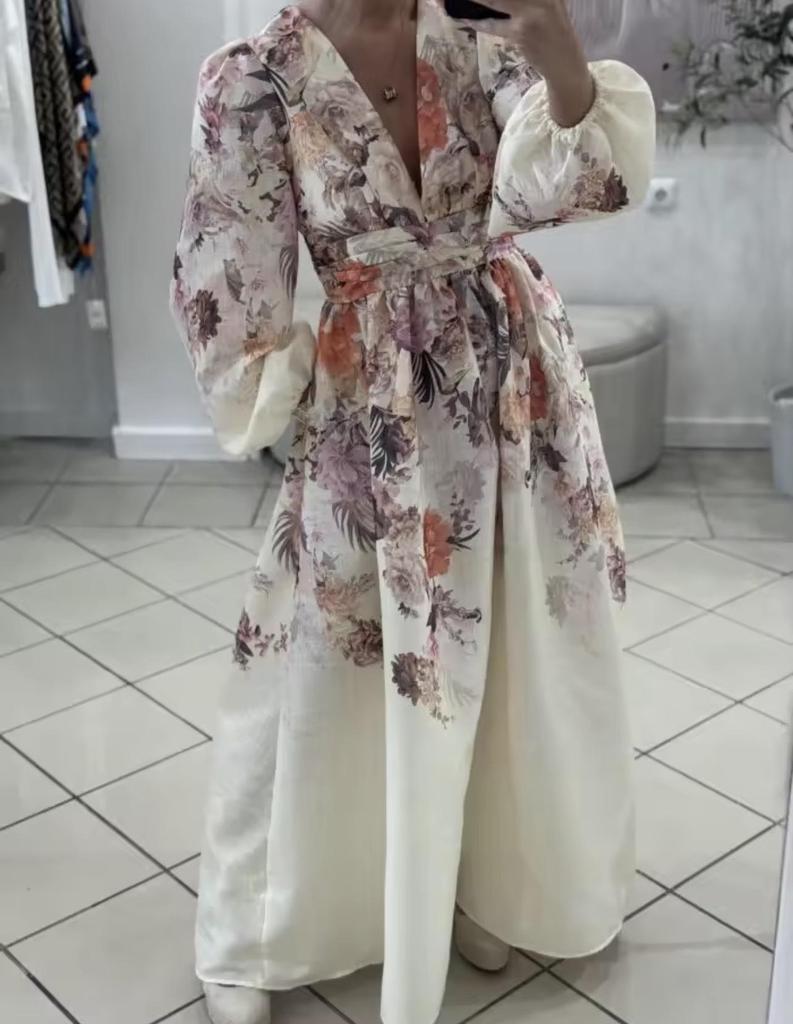 Cross-Border European & American Women's Fashion: Stand-Up Collar Print Dress with Ruffled Loose Fit & Drawstring
