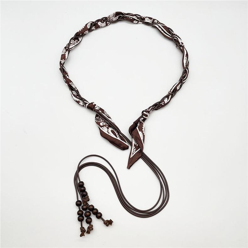 Bohemian Ethnic Silk Scarf Waist Belt for Women: Woven Ribbon, Leather Accent, Perfect with Jeans and Skirts