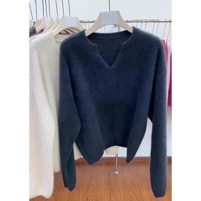 Vintage High-texture Gray Half-open Neck Pullover Sweater Women's Mink Fleece Soft Waxy Mohair Knitted Top Autumn and Winter