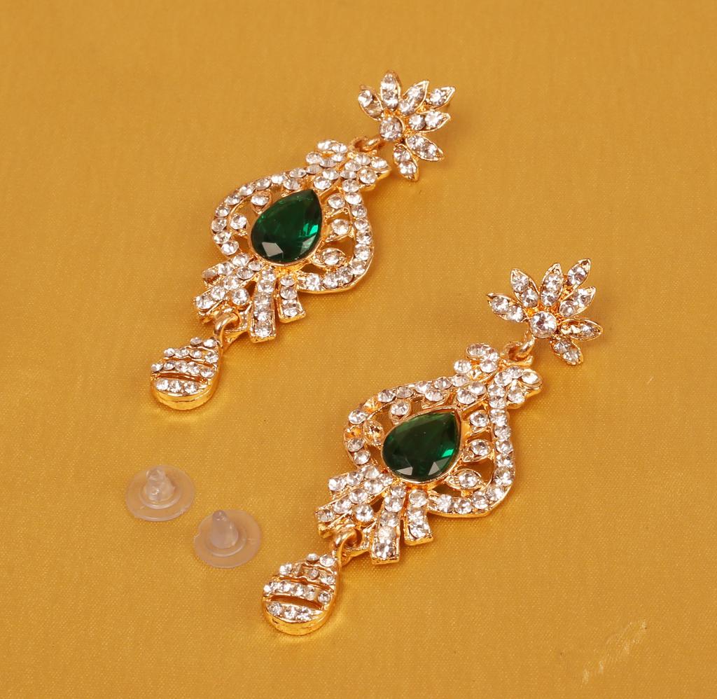 Touchstone India Bollywood Aspirations Traditional Indian Peacock Motif Faceted Faux Emerald Gold Tone White Rhinestones Spectacular Designer Bridal