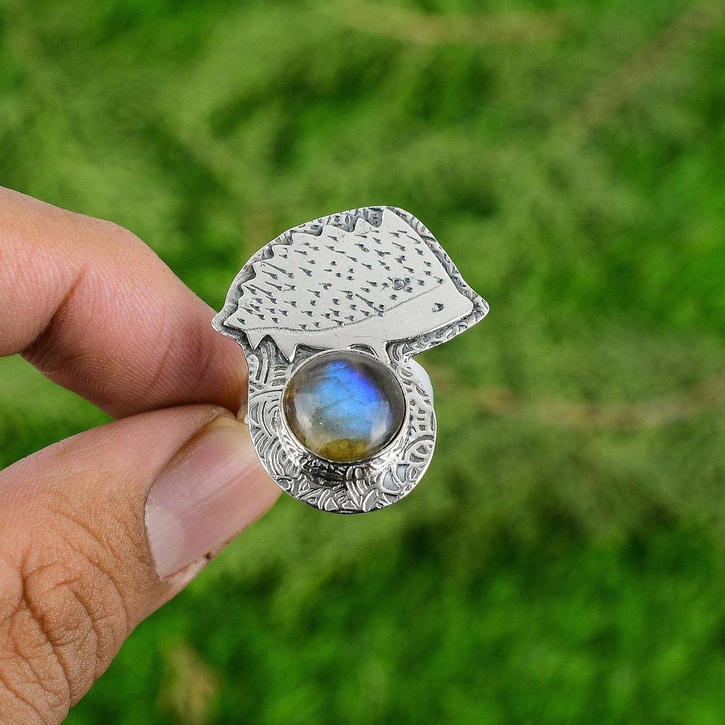 Sterling Silver Round Natural Labradorite Bezel Boho Multi Stone Statement Ring