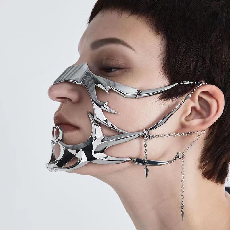 

2022 Luxury CyberPunk Mask Liquid Irregular Silver Color Hollow Titanium Steel Facial Accessories For Women Men Party Jewelry