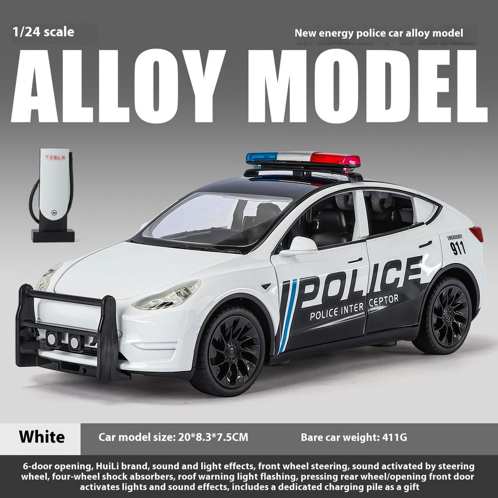 1/24 Metal Die-cast Tesla Armored Police Car Model Simulation Sound and Light Door Can Open Children's Toys Ornaments Birthday Gift