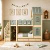 Kinderhochbett 90 x 200 cm, Wolkenförmige Bettgitter, Dach mit Fenstern, Stauraumleiter, Regale, Schubladen, Doppelbett aus Holz für Jungen, Mädchen, Grün