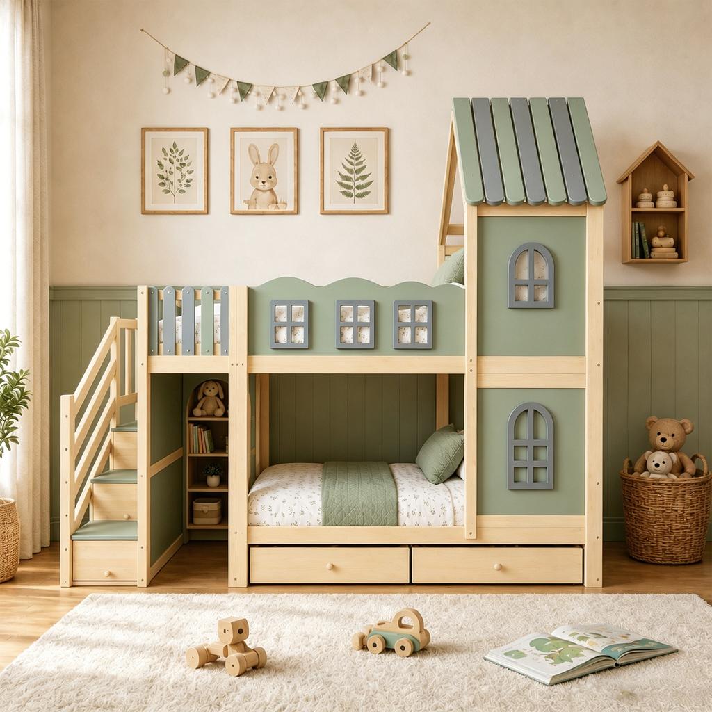 Kinderhochbett 90 x 200 cm, Wolkenförmige Bettgitter, Dach mit Fenstern, Stauraumleiter, Regale, Schubladen, Doppelbett aus Holz für Jungen, Mädchen, Grün