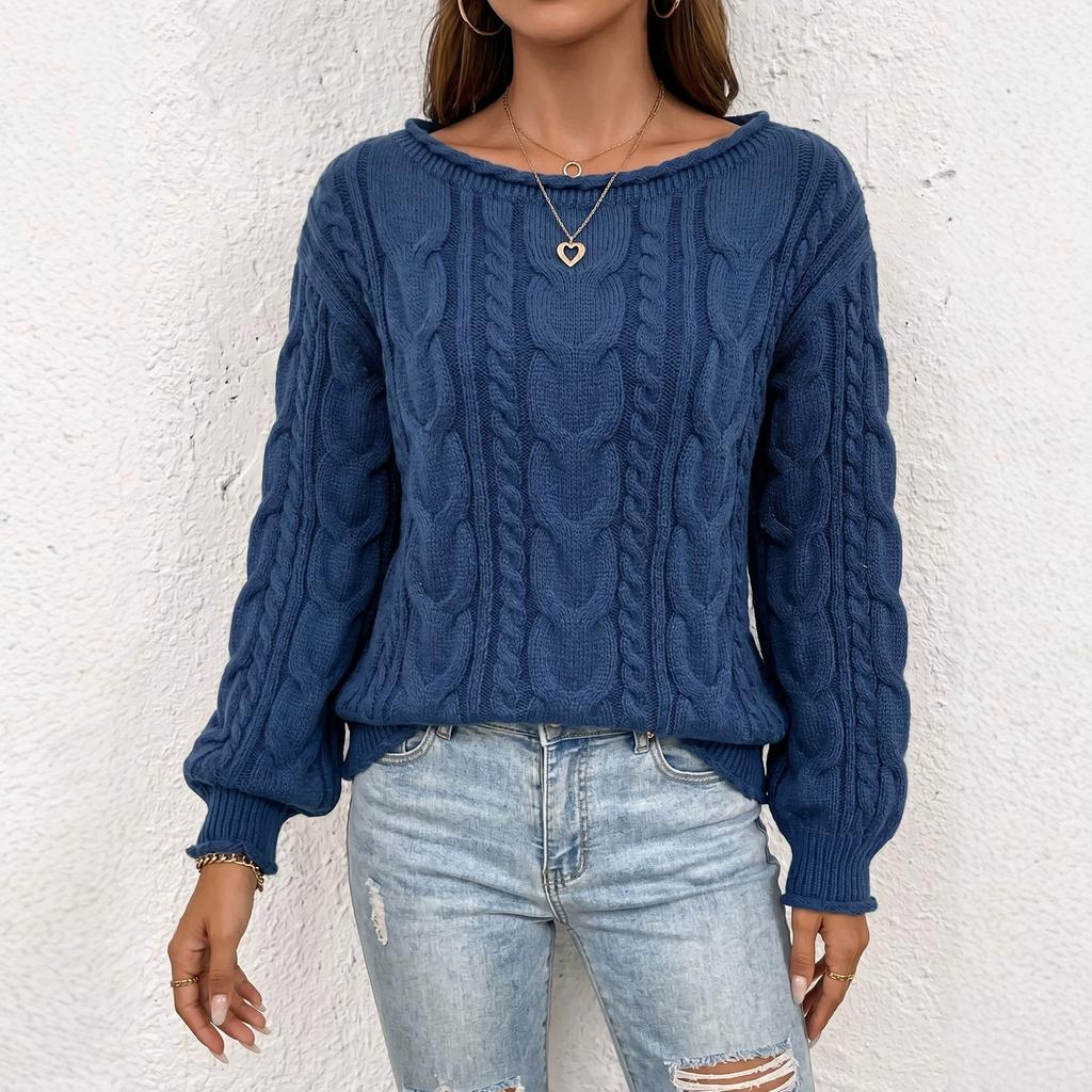 Women Casual Loose Off Shoulder Long Sleeve Cable Knit Pullover Sweater