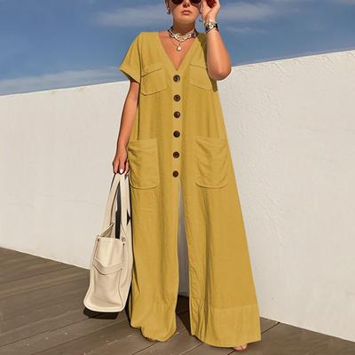 Damen Modischer Einfarbiger V-Ausschnitt Einreihig Taschen Lockerer Jumpsuit