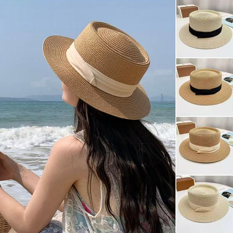 Fashion French Style Flat Top Straw Hat Beach Sun Hat Travel Vocation Women Summer Straw Hat