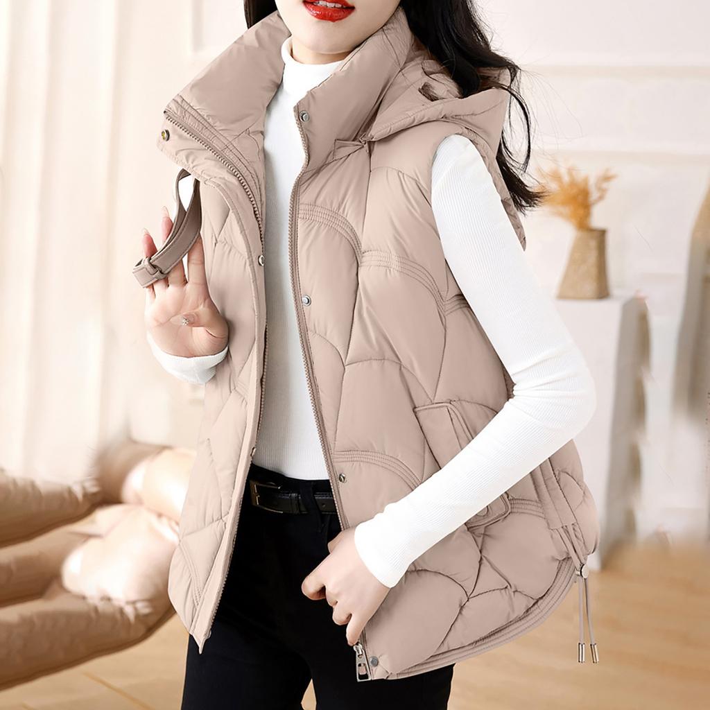 FiveFive Women's Hooded Zipper Cotton Vest Winter Sleeveless Warm Quilted Vests Korean Fashion Outdoor Windbreak Ski Coat