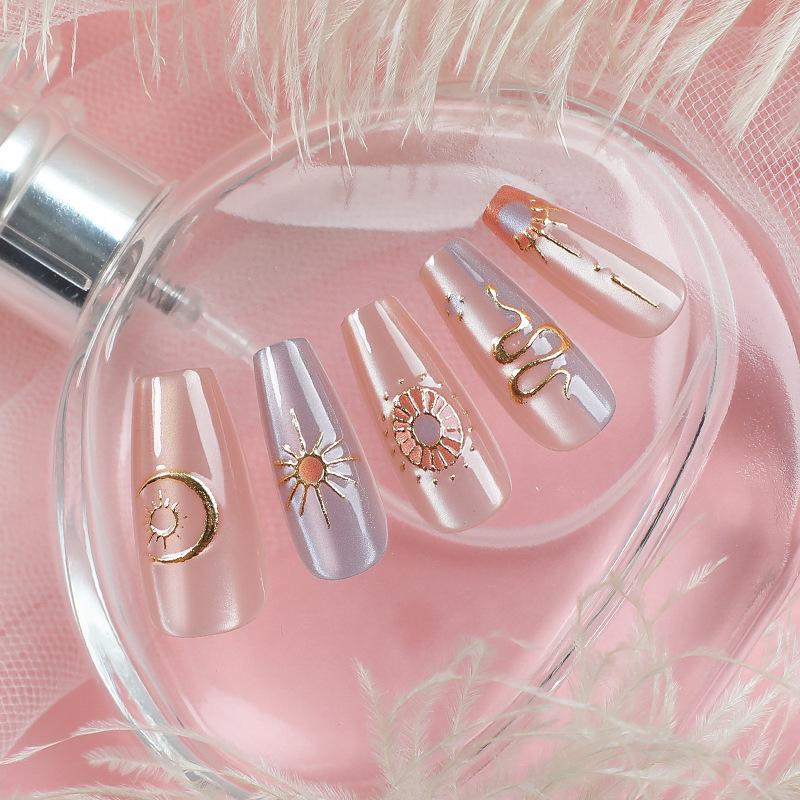 30-Piece French Cat Eye Totem Snake + Japanese Cat Eye Wearable Nails in Purple with Rhinestones 3D Luxury Nail Art Stickers.