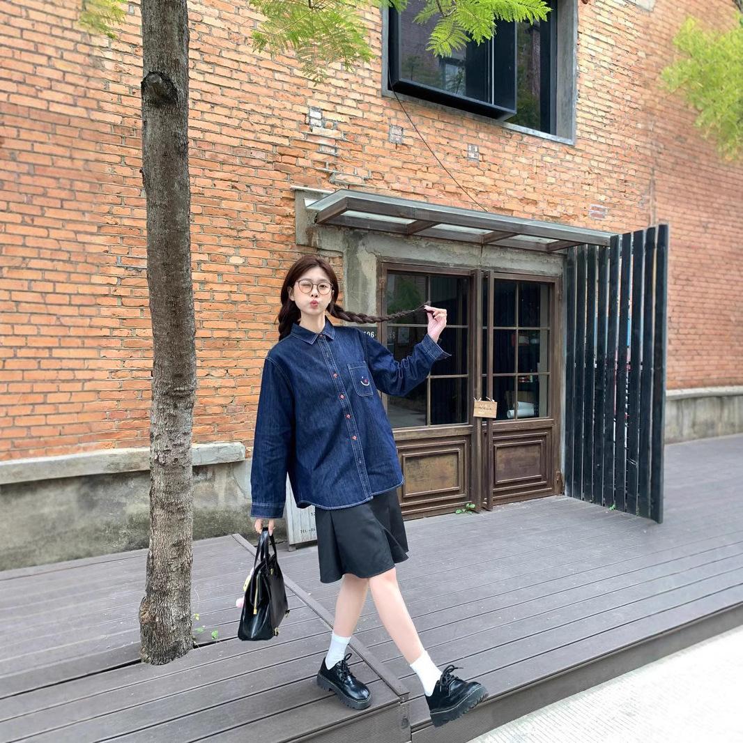 

Denim Shirt for Women with Spring Outfits, New Style, Hong Kong Style Blue Layered Retro Loose Long-sleeved Shirt Jacket M синій