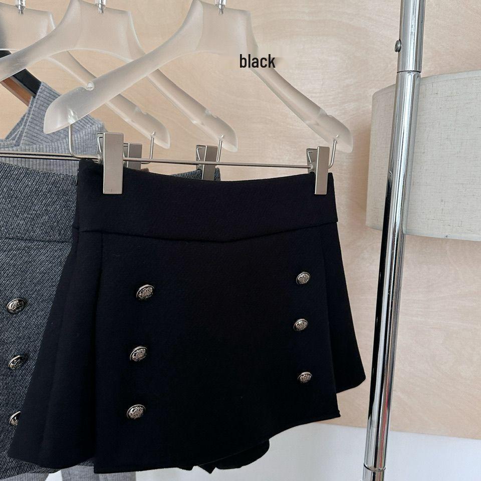 Petite High-Waisted Woolen A-Line Skort - Autumn & Winter Double-Breasted Style XL чёрный