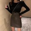 Temperament Autumn Women Solid Button Zipper Asymmetrical High Waist Fashion Slim Pu Leather Short A-line Hip Wrap Skirt