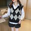 Gilet Lavorato a Maglia da Donna con Motivo a Diamanti e Quadri, Ampio, Scollo a V, Senza Maniche, Pullover, Canottiera, Top Maglione Casual da Scuola